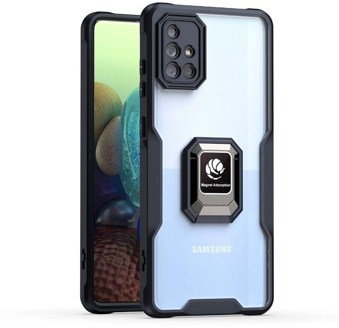 جراب هاتف Samsung Galaxy A71 4G كفراصلي ومقاوم للصدمات مصنوع من الأكريليك، يتضمن حاملًا مدمجًا في الظهر - شفاف وحواف سوداء.