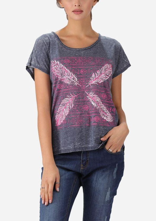 Ravin Feather Printed Top - Heather Navy Blue