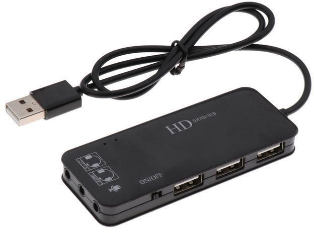 USB2.0 Hub 3Ports USB Sound Card 2 In 1 External Stereo Audio Black