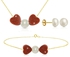 Vp Jewels 18K Solid Gold Heart Sunstones and Pearl Necklace, Bracelet and 7MM Pearl Earrings