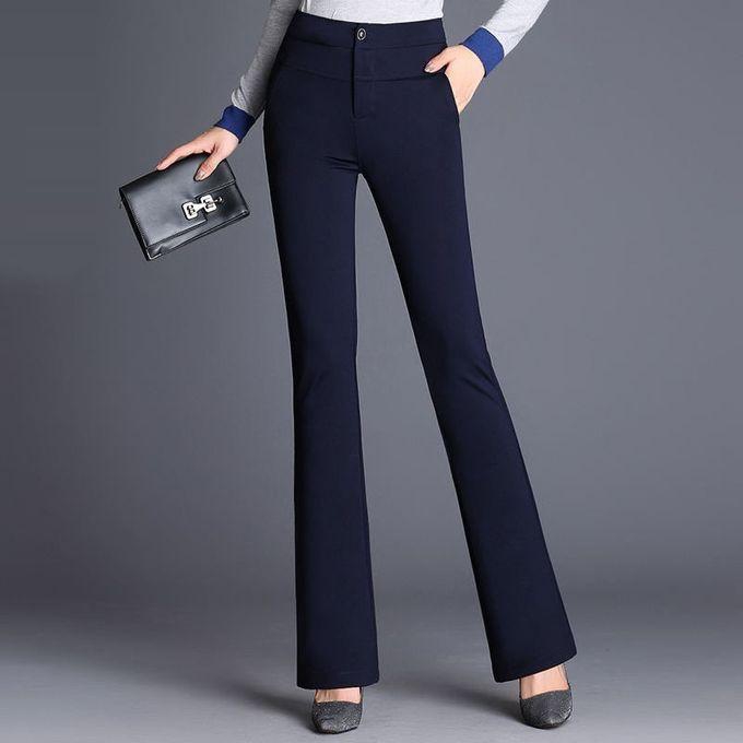 Fashion Women's Office Lady High Waist Flare Pants Solid Elastic Formal Long Trousers Ladies Spring Autumn Loose Bottoms-navy Blue