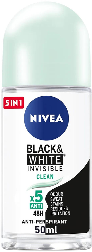 Nivea | Black & White Invisible Clean, Antiperspirant for Women Roll On | 50ml