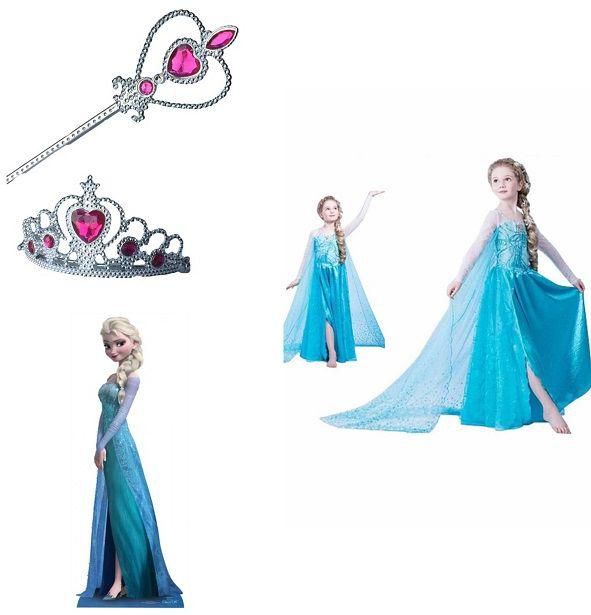 3 Pieces Elsa Blue And White Dress Frozen Costume With Pink Crown And Wand 2-3 Years