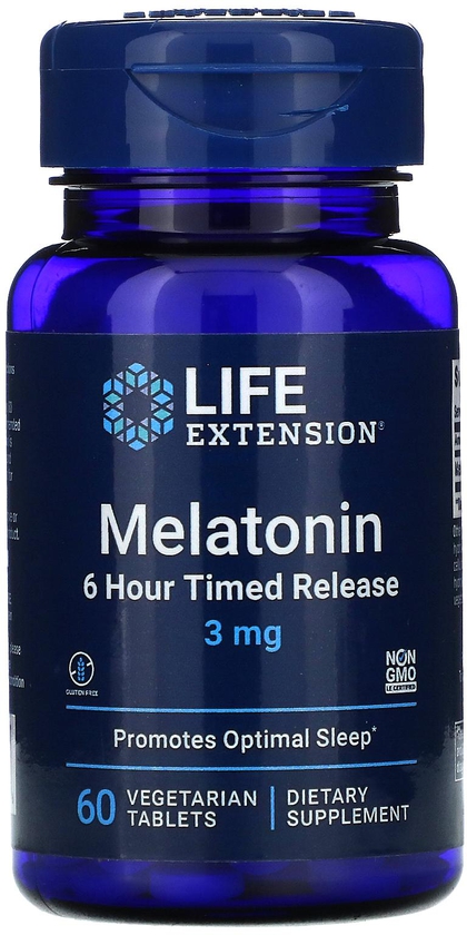 Life Extension, ميلاتونين يتميز بإطلاق موقوت لمدة 6 ساعات، 3 ملجم ، 60 قرص نباتي