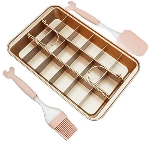 Brownie Baking tin with Silicon Brush Spatula Set 18 Cavity Removable dividers Non Stick bakeware Tray pan ovenware cookware kitchenware, Gold