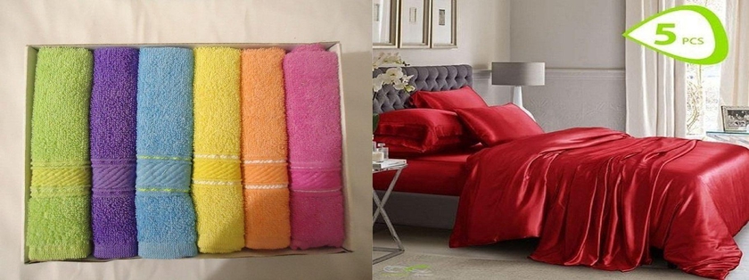Satin Bed Sheet Set - 5 Pcs - Dark Red + Cotton Towels - 6 Pcs - 30*30 Cm