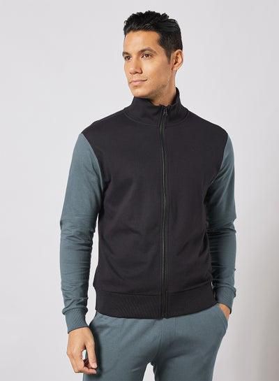 Men's High Neck Long Sleeve Jacket With Zipper and Rib attachment Black
