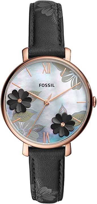 Fossil Women's jacqueline Floral Leather Watch ES4535 (Black /Rose Gold)