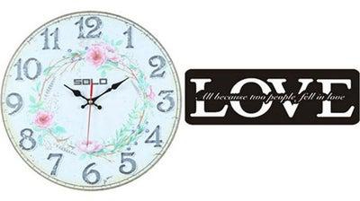 B1944 Wooden Round Analog Wall Clock With Love Wooden Tableau Multicolour 40cm