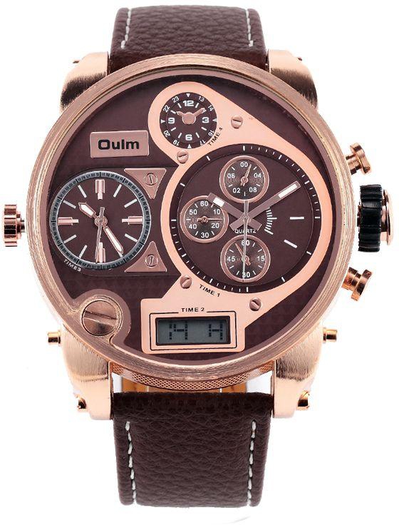 Oulm Dual Display Digital Analog Male Leather Sport Watch 9316