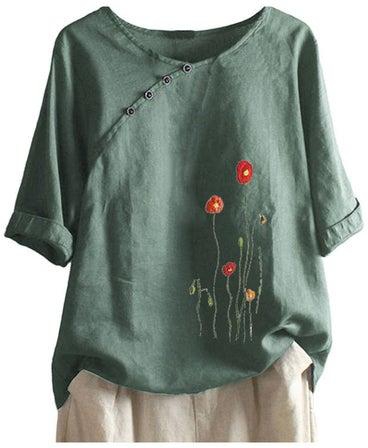 Floral Embroidery Details Blouse Green/Red
