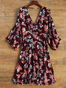 Wide Sleeve Floral Print Crossover Dress