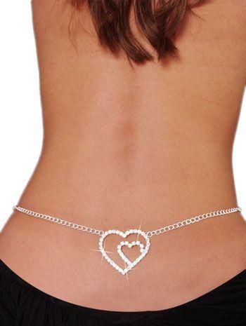 Double Heart Rhinestone Silver Belly Chain, LC0640