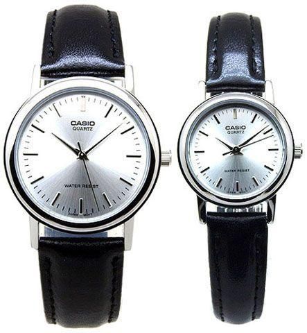 Casio His & Hers Leather Strap Silver Case White Dial Fashion Watches [MTP/LTP-1095E-7A]