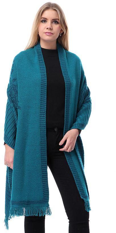 Knitted Stripes & Floral Heavy Shawl - Caribbean Green
