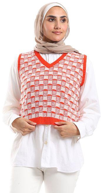 M Sou Checkerboard Pattern Sleeveless Knit Vest - White & Red Orange