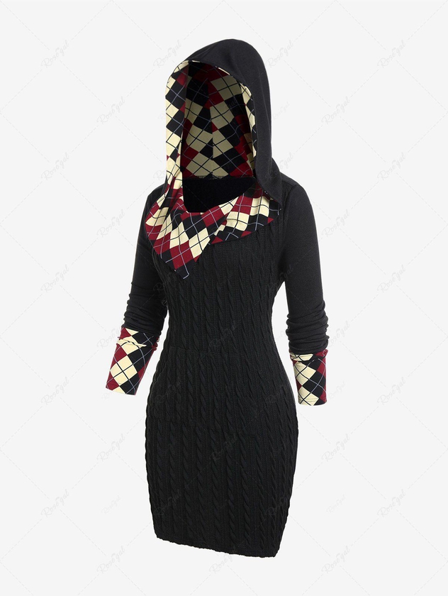 Plus Size Hooded Argyle Cable Knit Sweater Dress - L | Us 12