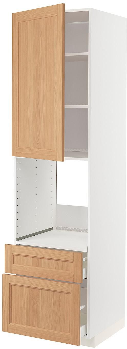 METOD / MAXIMERA خزانة عالية للفرن+باب/2أدراج - أبيض/Vedhamn سنديان ‎60x60x220 سم‏