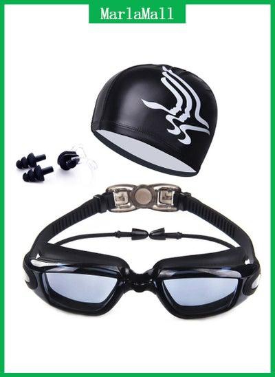 نظارات السباحة وقبعة السباحة أسود