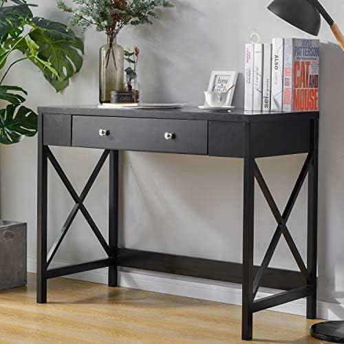 HOOSENG Console Table, Modern Make Up Table, Wooden Office Desk with Large Drawers, X-Design Computer Table for Living Room, Bedroom, Hallway, (Black)