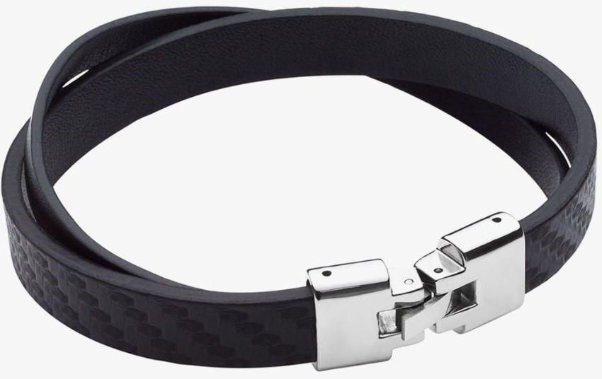 Fred Bennett B5376 Men’s Black Plain & Textured Recycled Leather Two-Row Bracelet