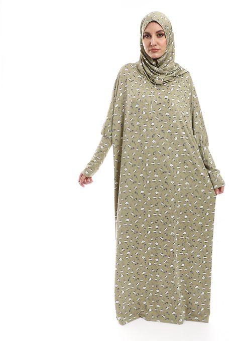 Izor Self Pattern Zippered Isdal With Attached Veil - Olive, White & Black