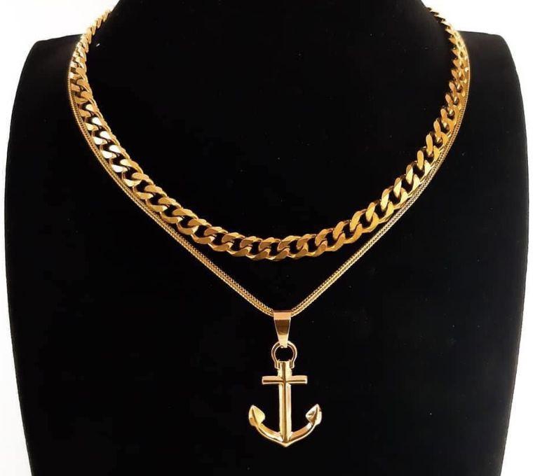 Cuban Link Chain With Anchor Pendant Gold