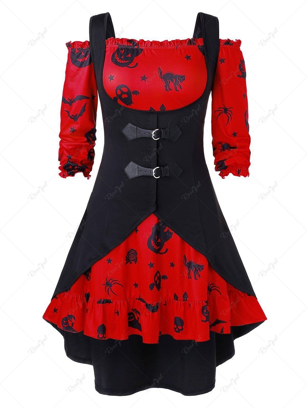 Plus Size A Line Off The Shoulder Halloween Vintage Dress with Solid Vest - 1x
