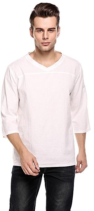 Sunshine Men Casual 3/4 Sleeve V Neck Solid Loose Pullover T-Shirt-White