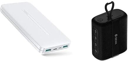Travel Essential Bundle (Joyroom JR-T012 Top Star mobile power 10000mAh white + Devia EM052 Kintone Series Lanyard Speaker 5W Bluetooth Call TF Card Playback Battery 400mAh - Black)