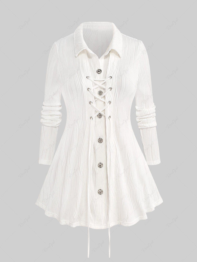 Plus Size Ribbed Buttons Lace Up Lapel Collar Solid Ruched Long Sleeves Blouse - 4x | Us 26-28