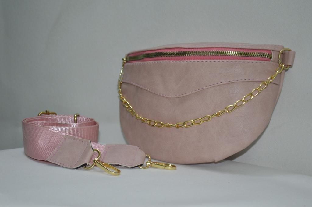 Cross And Waist Bag-Leather- Pink