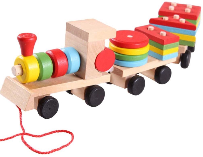 Wooden Walking Car Train Stacking Geometry Shape Block Kids Toy (As Picture)