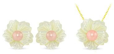 2-Piece18 Karat Solid Yellow Gold 19 mm Flower Shape Mother Of Pearl With 6-7 mm Pearl Jewellery
