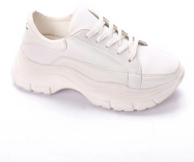 Mr Joe Chunky Plain White Women Lace Up Closure Sneakers
