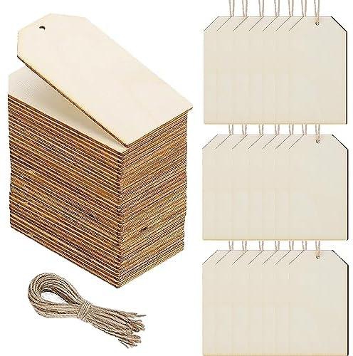 Healifty 50Pcs DIY Square Wooden Tags Hanging Wood Ornaments with 10M Linen Rope for Party Decor 40 x 80MM
