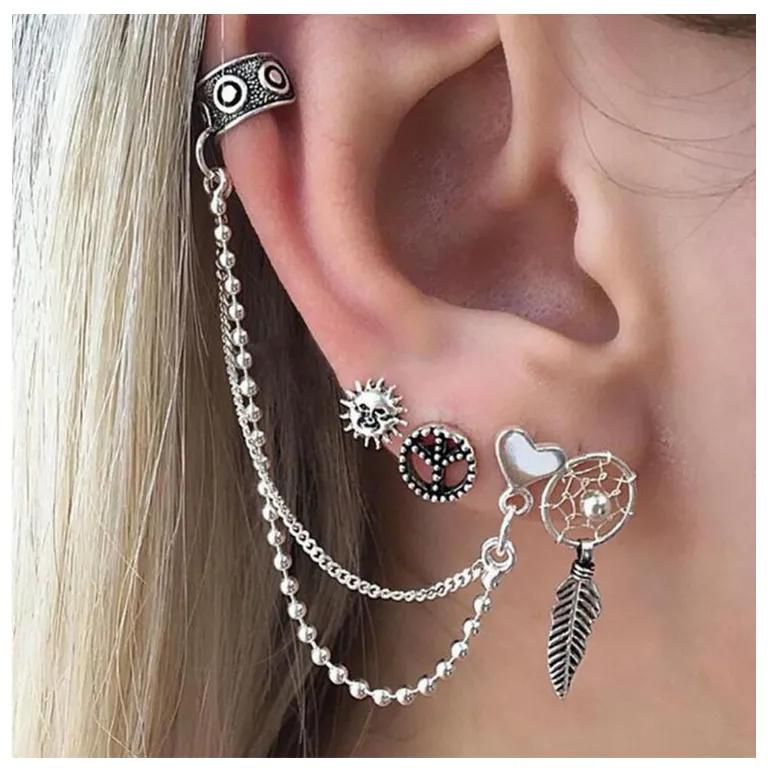 Women's earrings Women's love chain Sun leaf earrings 4-piece set Antique silver Antique silver