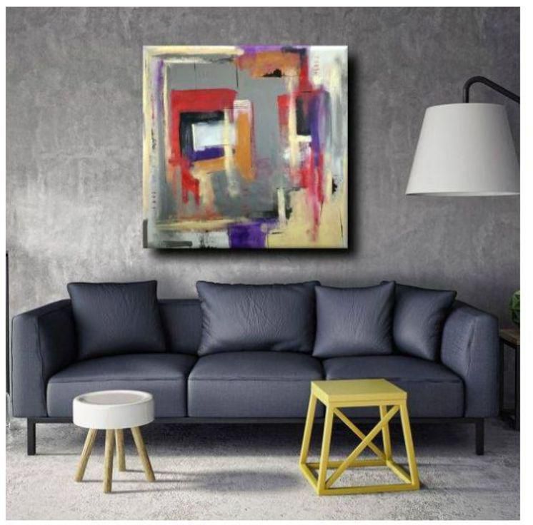 Hand Made Wall Painting Grey/Red/Yellow 90x90 centimeter