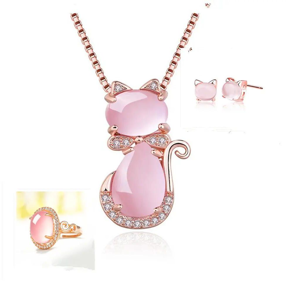 High Quality S925 Rose Gold Plated Natural Hibiscus Crystal Cat Pendant clavicle Chain Women Necklace Earrings Finger Rings Luxury Girls Ladies Jewellery Set Fashion Dress Accessor