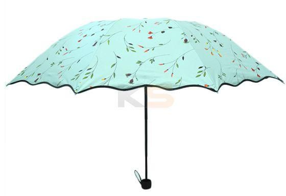Compact Three Folding Strong Frame Anti-UV Sun Rain Non-automatic Floral Umbrella Green