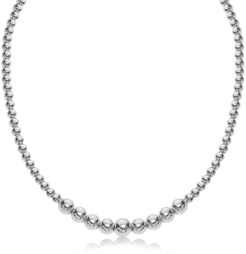 Sterling Silver Rhodium Plated Graduated Motif Polished Bead Necklace-rx97846-17