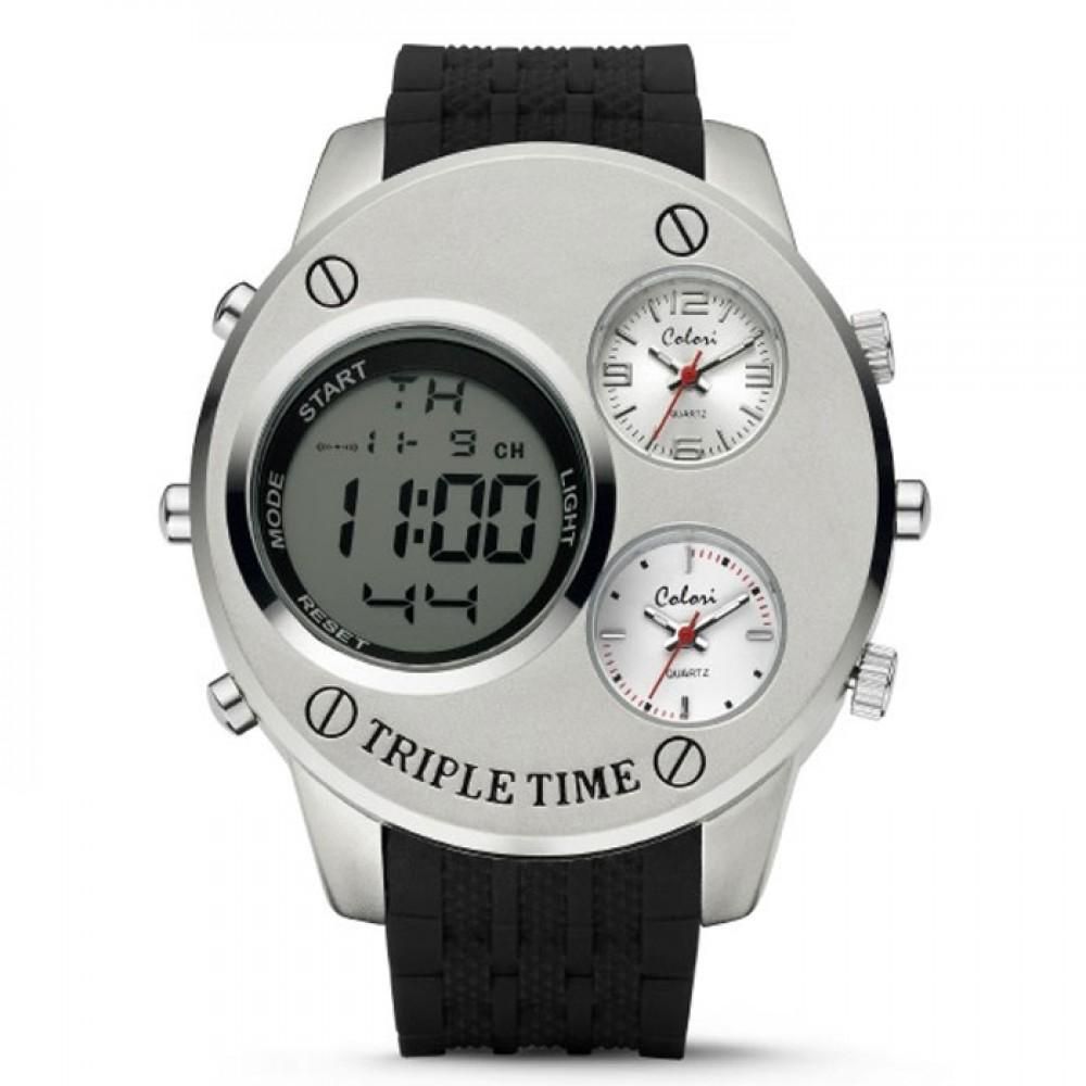 Colori Men's Triple X Silver Stopwatch Alarm Black Silicone Analog Digital Chronograph