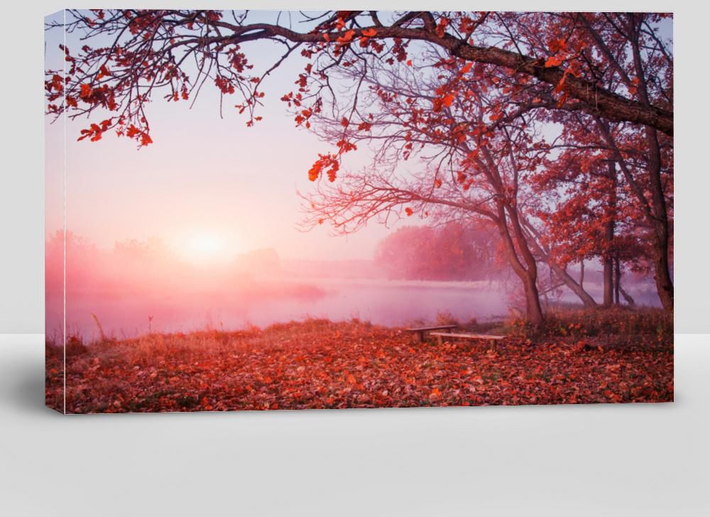Landscape of Sunrise Over River in Autumn