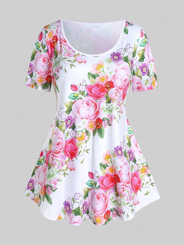 Plus Size Short Sleeve Floral Rose Print Tee - 1x | Us 14-16