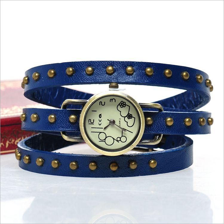 Vintage Style lovely Heart Design Blue Round Riveted leather band watch‫(2017)