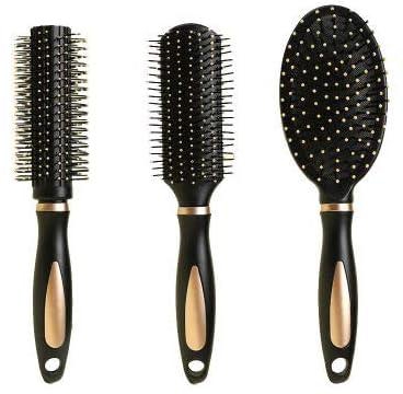 3Pcs Paddle Hair Brush, Detangling Brush and Hair Comb Set for Men and Women, Hair Brush Set - Paddle Brush, Round Blow Drying Hairbrush, Comb & Clips（Black）