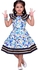 Ceemee Blue sleeveless floral print cotton dress with collar and gold trim.