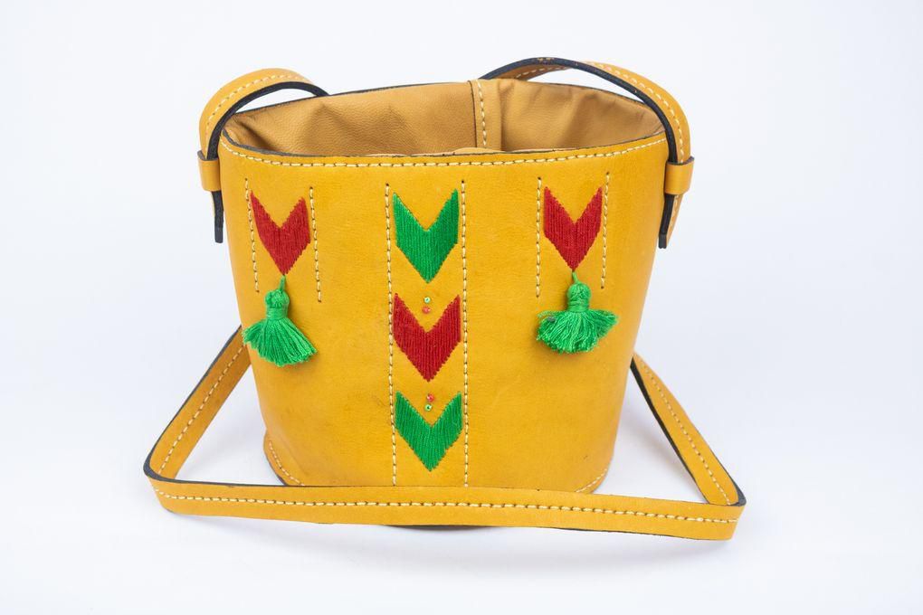 Ebda3 Men Masr Flower Embroidered Leather Bucket Bag - Yellow Green & Red
