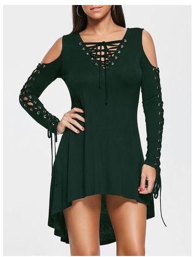 DRESSFO Lace Up Cold Shoulder Tee Dress - BLACKISH GREEN