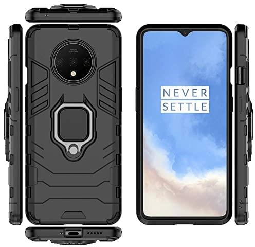 Case Compatible with OnePlus 7T, Dual Layer Protective Shockproof Hard Armor Cover with 360° Rotating Finger Ring Kickstand and Car Magnetic Mount - Black